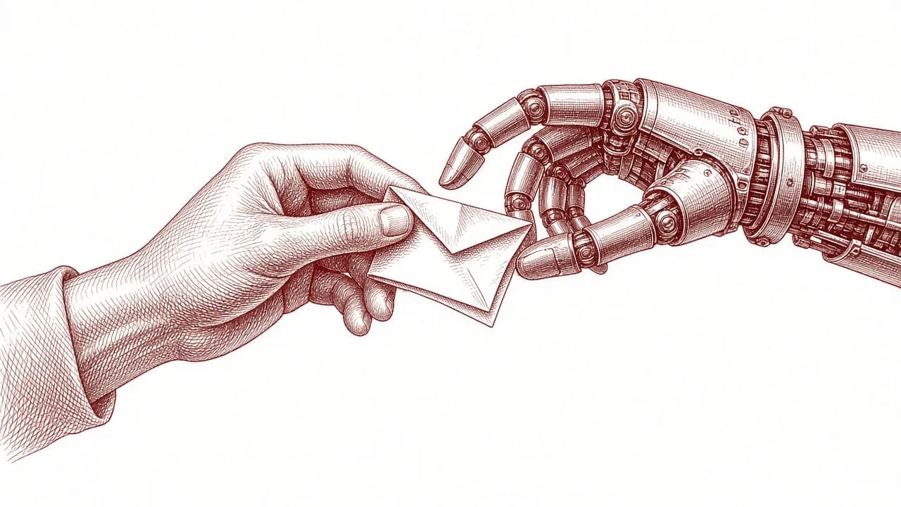 Gravura em vinho de uma mão humana entregando um envelope a uma mão robótica
